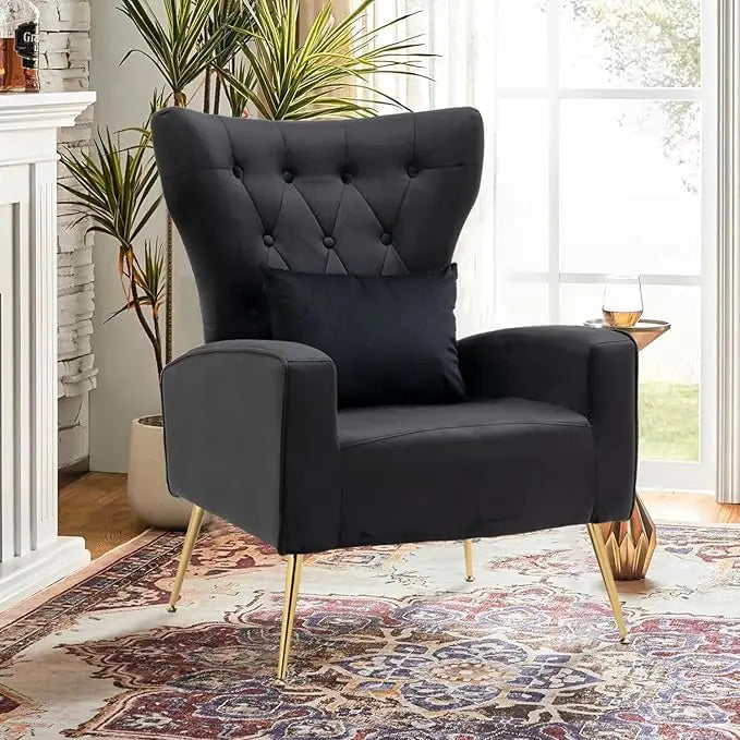 Velvet Accent Arm Chair Mid Century Modern Living Room Chair Wingback Bedroom Side Chair with Gold Legs and Pillow Button Tufted Design