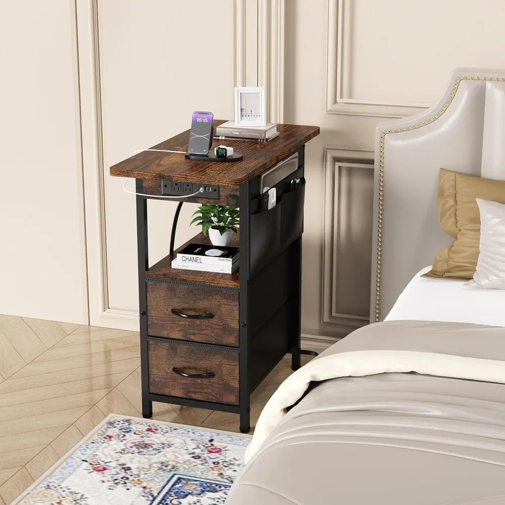 Small Side Table with Charging Station, Narrow Nightstand Bedside Tables with Storage Pocket for Living Room Bedroom, Sofa End T