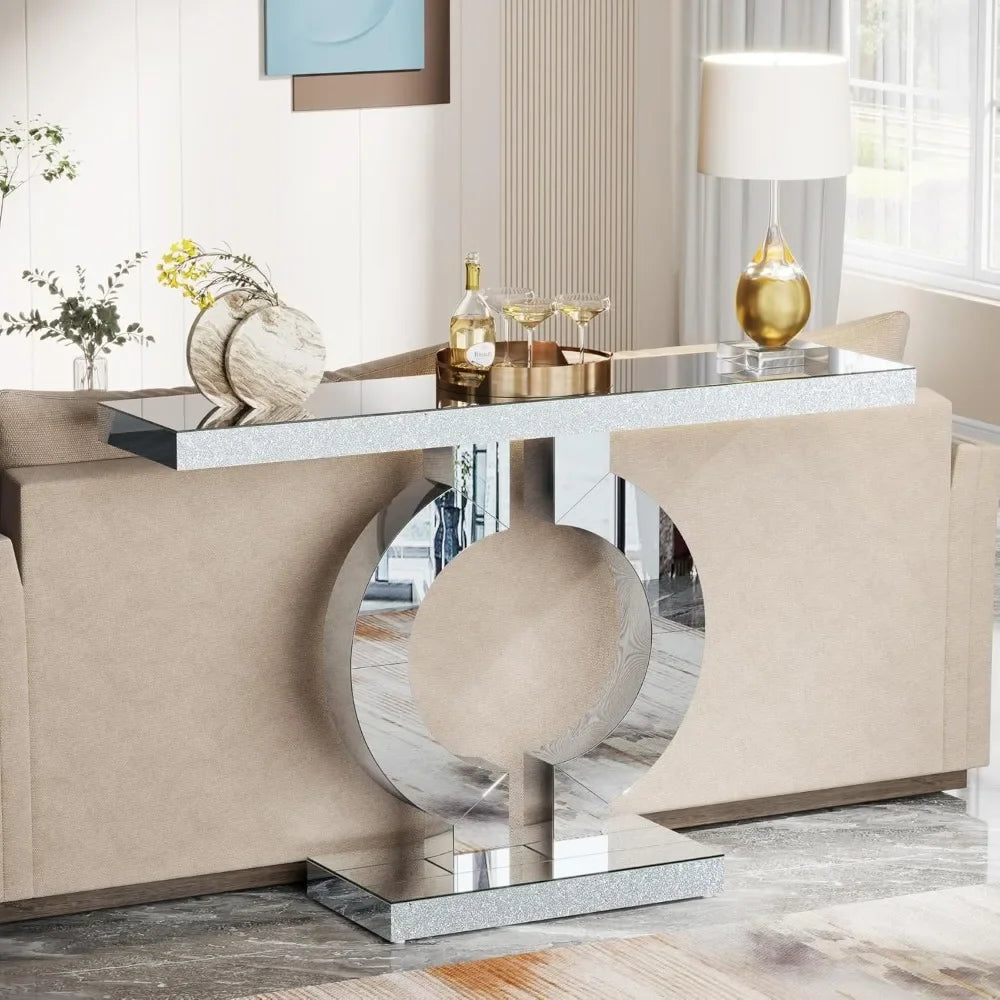 Modern Mirrored Console Table, Glass Sofa Table with Mirror Finish, 43-Inch Entryway Table with O-Shaped Base, Rectan