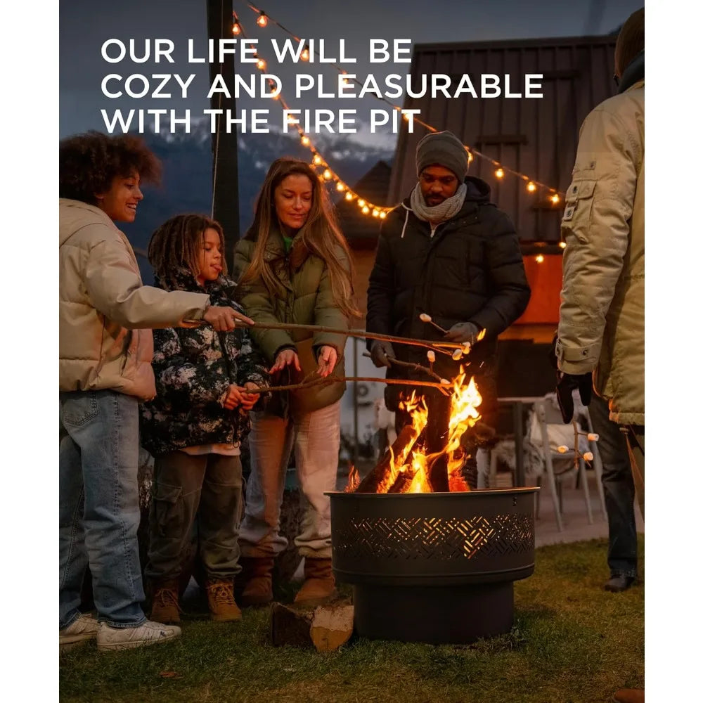 26 inch Fire Pit with Grill & Lid, Firepits for Outside Wood Burning Fire Pit Table with Fire Poker, Multifunctional Outdoor Fir