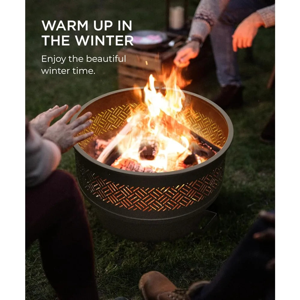 26 inch Fire Pit with Grill & Lid, Firepits for Outside Wood Burning Fire Pit Table with Fire Poker, Multifunctional Outdoor Fir
