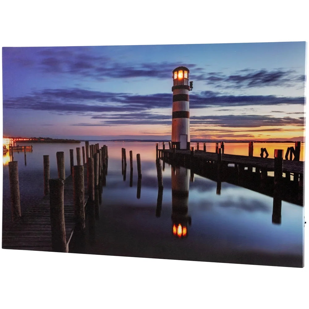 LED Lighted Coastal Sunset Lighthouse Canvas Wall Art Ready to Hang Battery Operated Indoor Decor 15.75 x 23.5 Inches