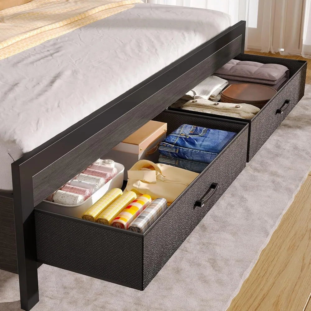 Rolanstar Full Size Bed Frame with Storage Headboard and Two Drawers Upholstered Platform Bed with Charging Station and LED Light