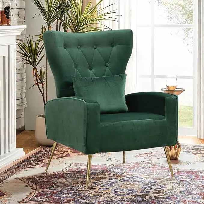 Velvet Accent Arm Chair Mid Century Modern Living Room Chair Wingback Bedroom Side Chair with Gold Legs and Pillow Button Tufted Design