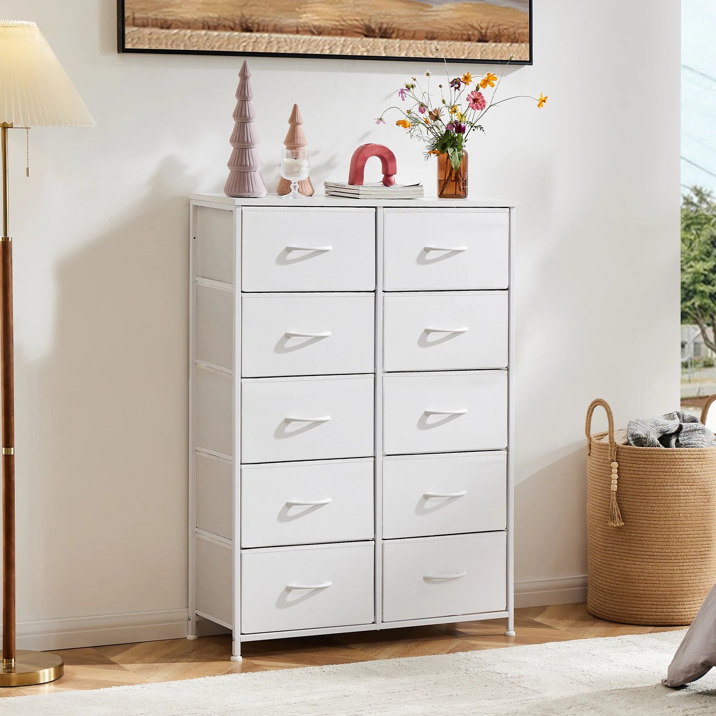 JHK Modern Bedside Table With Ten Fabric Drawers Nightstand