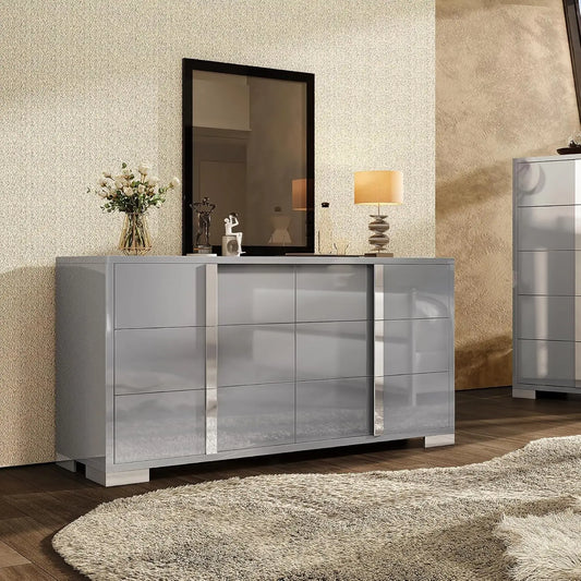 54" W High Gloss 6 Drawers Dressers with Silver Grooved Handles, Modern Storage Chest of Drawers with Wide Tabletop
