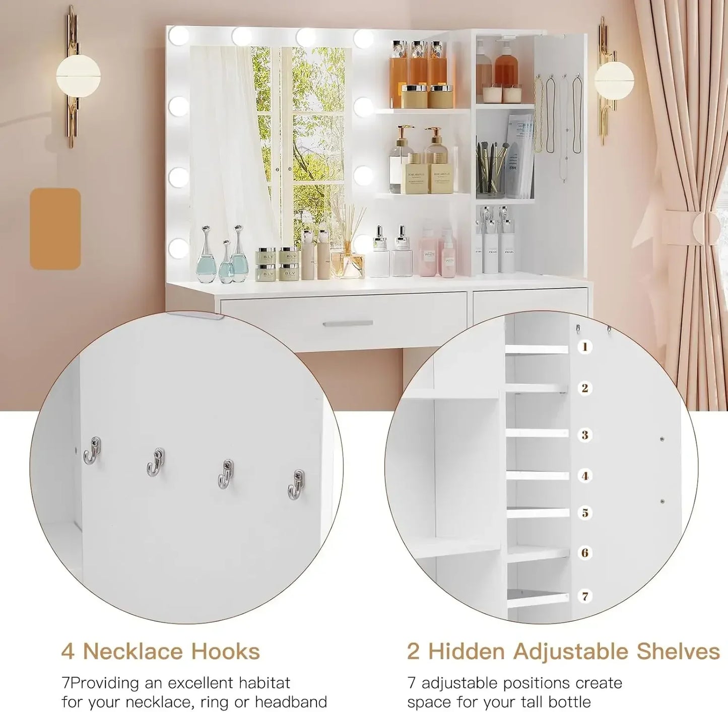 Makeup Vanity With Lights Large Vanity Desk With Mirror And 10 LED Lights Vanity Table Set With 4 Drawers Cabinet And 4 Necklace Hooks Dressing Table For Bedroom White