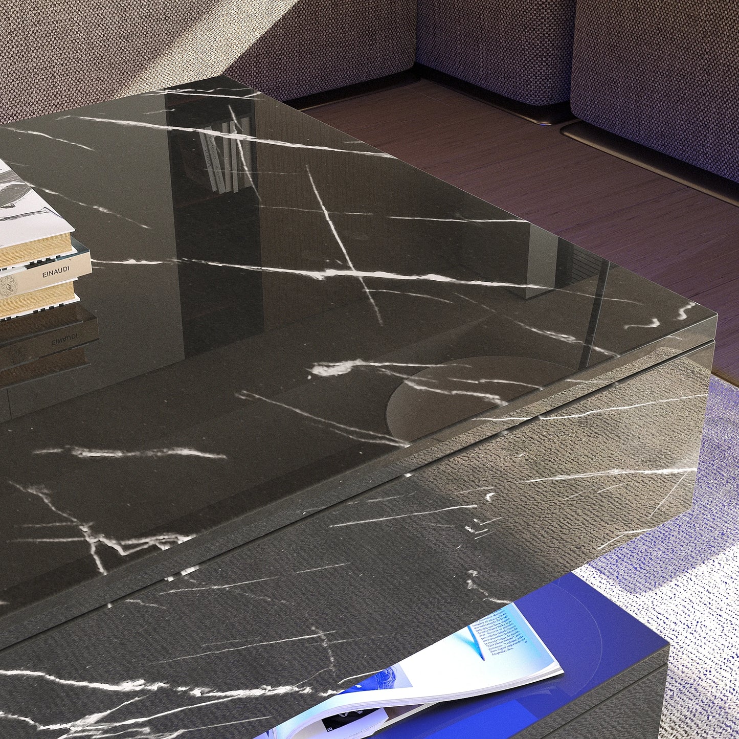 LED Coffee Table with 2 Storage Drawers Modern High Gloss Design Marbling Print 2 Tier Rectangle Center Table