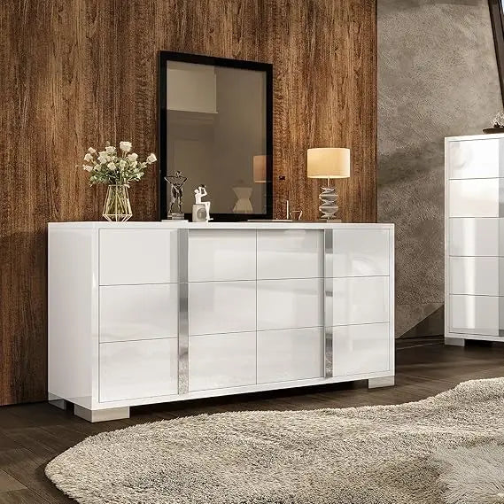 54" W High Gloss 6 Drawers Dressers with Silver Grooved Handles, Modern Storage Chest of Drawers with Wide Tabletop