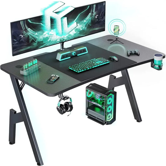 Gaming Desk with Carbon Fibre Surface Large Computer Desk Gaming Table Ergonomic PcWorkstation Home Office Desks with CupHolder