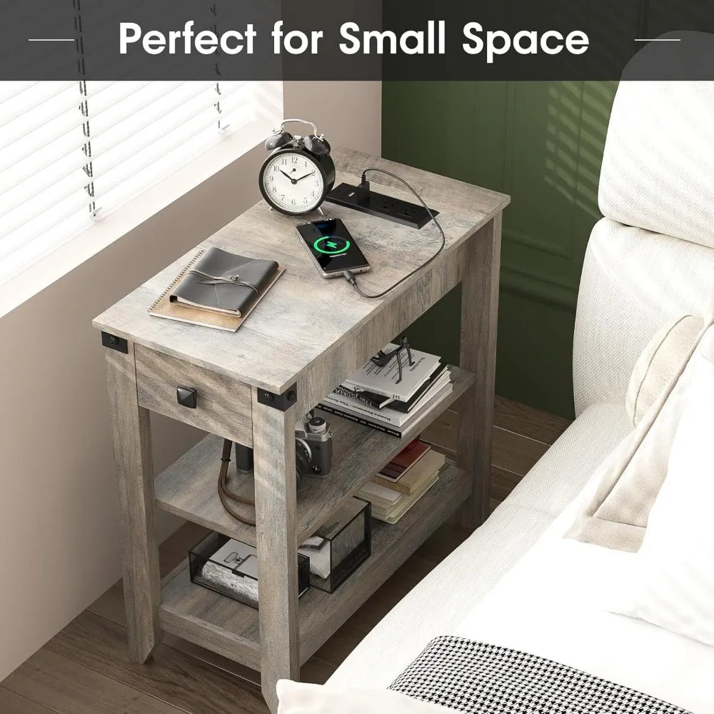 Set of 2 End Tables with Charging Station Narrow Side Table Small Bedside Table for Small Space Skinny Nightstand