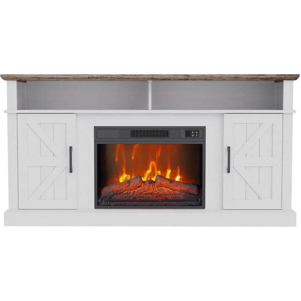 Fireplace TV Stand for TVs Up to 65" with 23" Electric Fireplace, Entertainment Center with Storage Cabinet and Open Shelves, Me