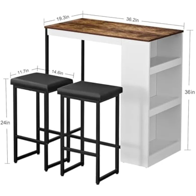 3 Piece Dining Table Set Kitchen Bar Table with Two Stools and Storage Shelves Wood Counter Height Table Top with Sew Kerf Finish