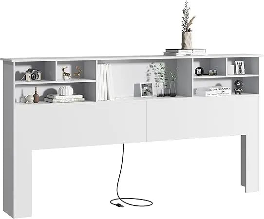 King Size Headboard for Bedroom, Stylish Bookcase Headboard with Built-in Charging Station & 2 LED Lights, Engineered Wood Headb