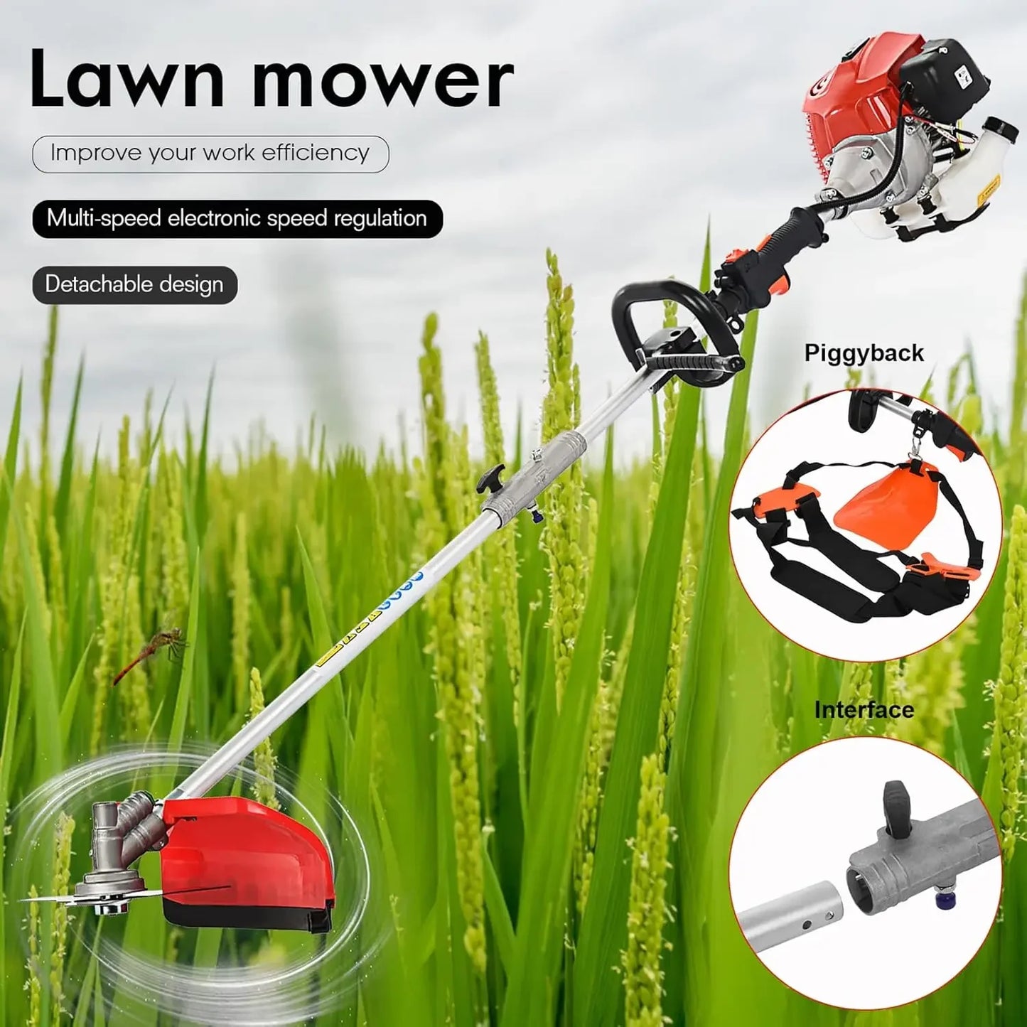 Lawn Mower 5 in 1 Weed Eater Powerful 52cc Petrol Hedge Trimmer Gas Powered Accessories Red