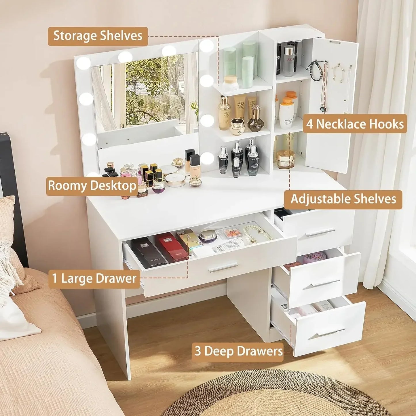 Makeup Vanity With Lights Large Vanity Desk With Mirror And 10 LED Lights Vanity Table Set With 4 Drawers Cabinet And 4 Necklace Hooks Dressing Table For Bedroom White