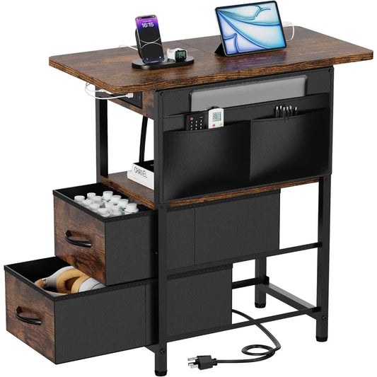 Small Side Table with Charging Station, Narrow Nightstand Bedside Tables with Storage Pocket for Living Room Bedroom, Sofa End T