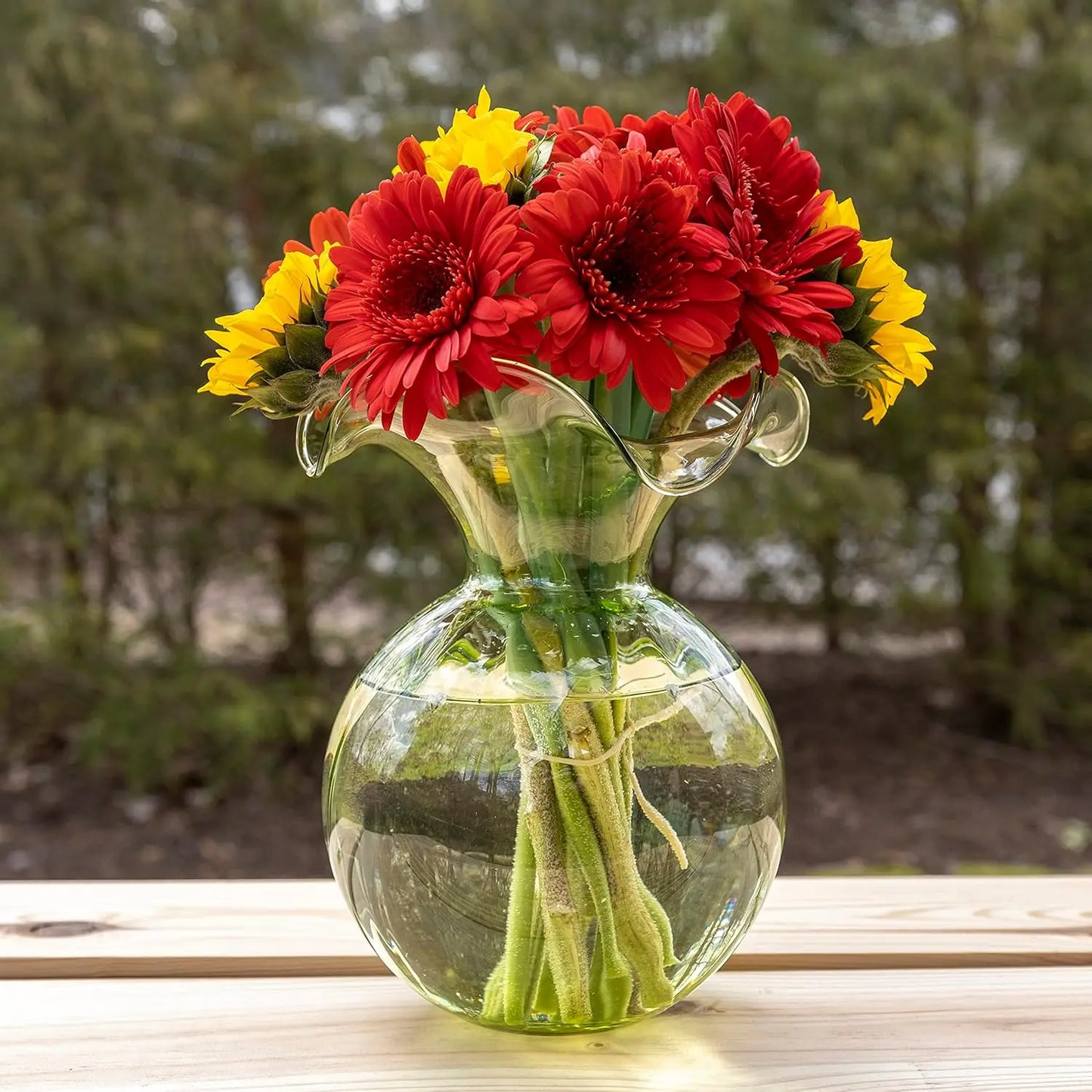 Hibiscus Glass Green Medium Fluted Vase 9" D, 10" H, 96 oz Glass Flower Vase, Living RoomDecor