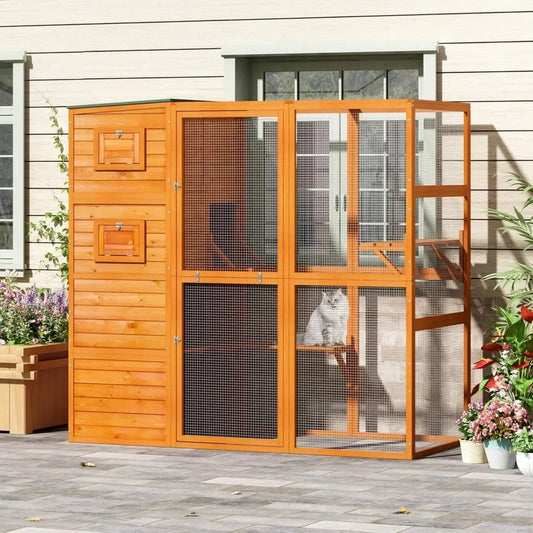 Large Wood Cat Catio, Outdoor Enclosure with Weatherproof Roof, 2 Resting Rooms, 2 Platforms, 4-Tier Cat Playpen,