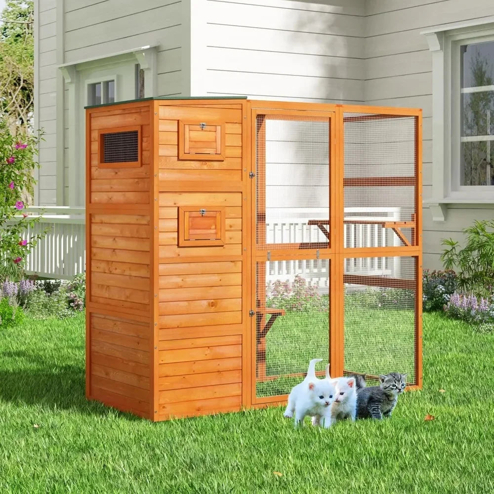 Large Wood Cat Catio, Outdoor Enclosure with Weatherproof Roof, 2 Resting Rooms, 2 Platforms, 4-Tier Cat Playpen,