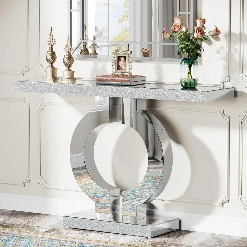 Modern Mirrored Console Table, Glass Sofa Table with Mirror Finish, 43-Inch Entryway Table with O-Shaped Base, Rectan