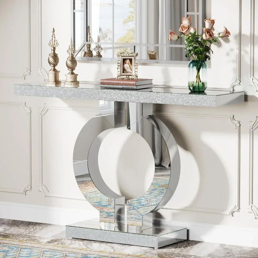 Modern Mirrored Console Table, Glass Sofa Table with Mirror Finish, 43-Inch Entryway Table with O-Shaped Base, Rectan