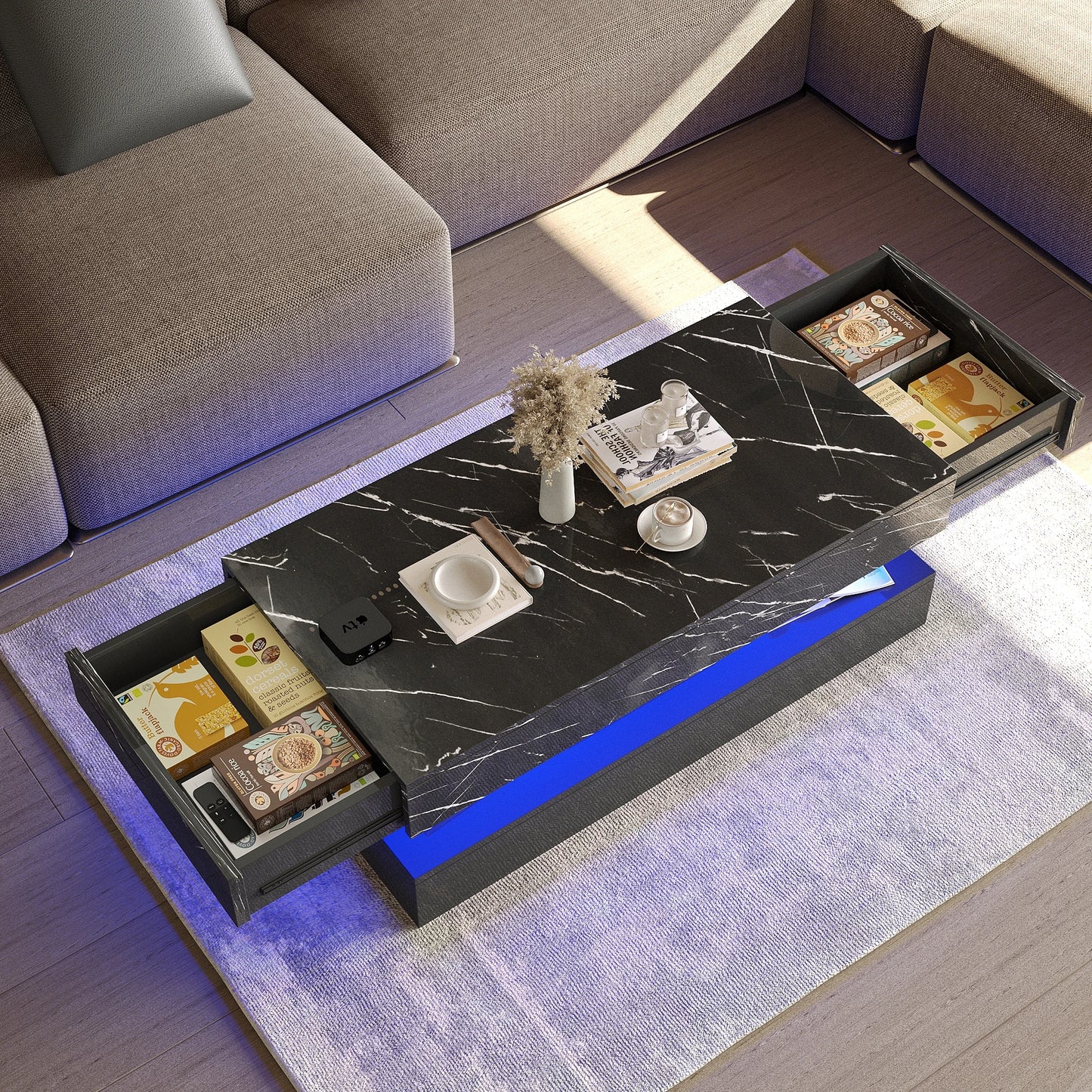 LED Coffee Table with 2 Storage Drawers Modern High Gloss Design Marbling Print 2 Tier Rectangle Center Table