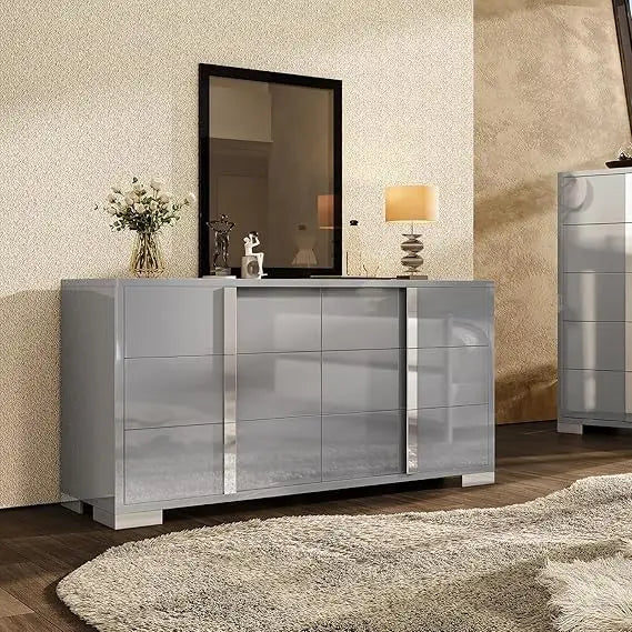 54" W High Gloss 6 Drawers Dressers with Silver Grooved Handles, Modern Storage Chest of Drawers with Wide Tabletop