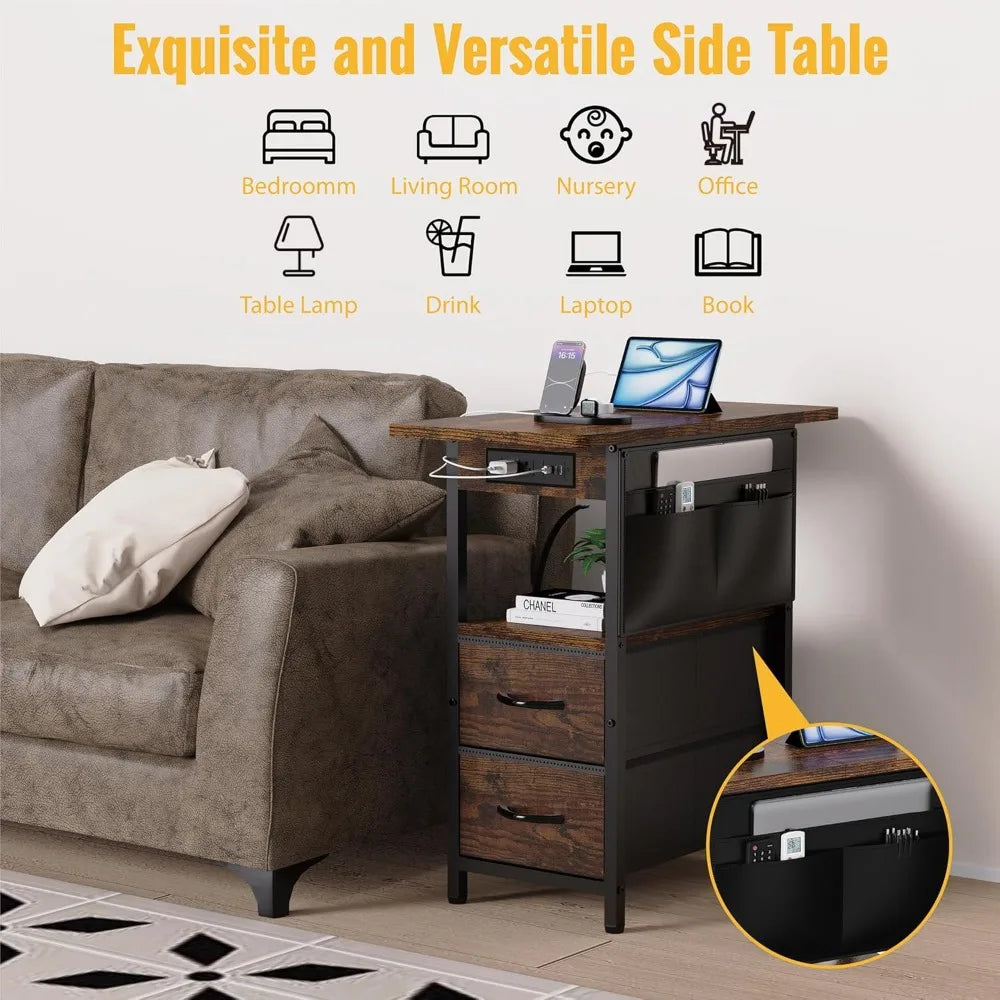 Small Side Table with Charging Station, Narrow Nightstand Bedside Tables with Storage Pocket for Living Room Bedroom, Sofa End T