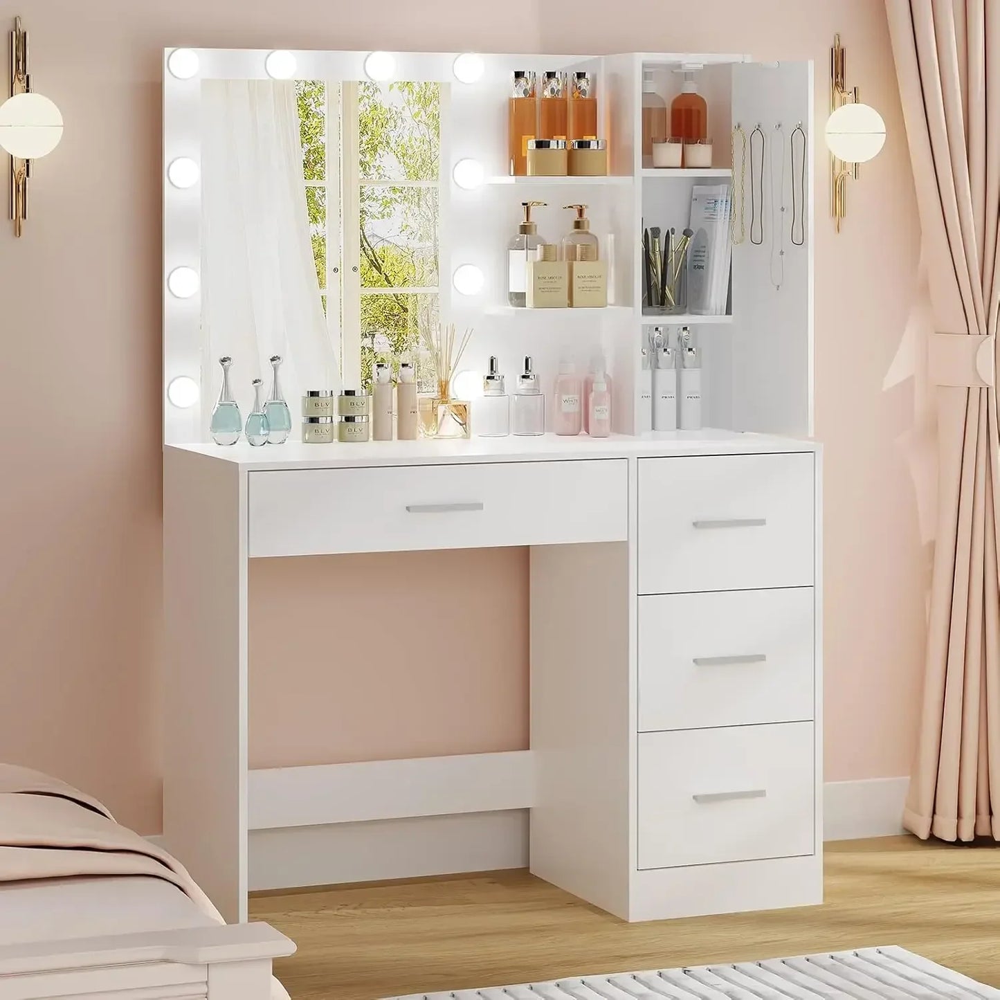 Makeup Vanity With Lights Large Vanity Desk With Mirror And 10 LED Lights Vanity Table Set With 4 Drawers Cabinet And 4 Necklace Hooks Dressing Table For Bedroom White