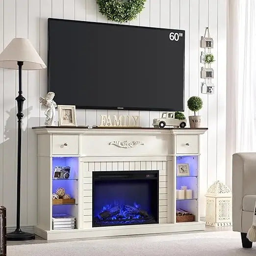 54 Inch Farmhouse Electric Fireplace TV Stand for 60 Inch Television 33 Inch Tall LED Entertainment Center with 7 Color Open Adjustable Shelves