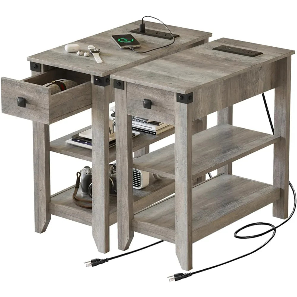 Set of 2 End Tables with Charging Station Narrow Side Table Small Bedside Table for Small Space Skinny Nightstand