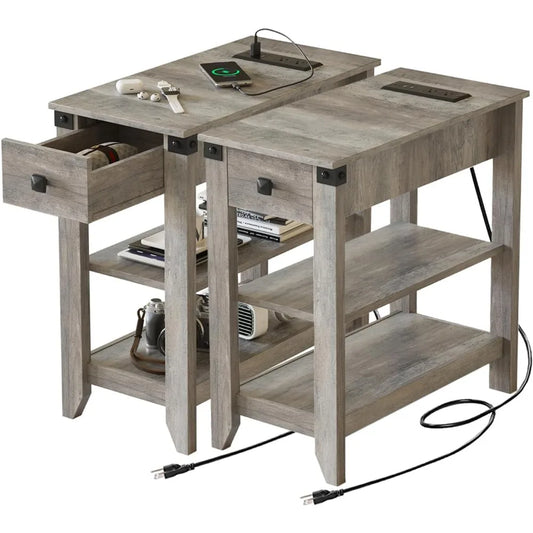 Set of 2 End Tables with Charging Station Narrow Side Table Small Bedside Table for Small Space Skinny Nightstand