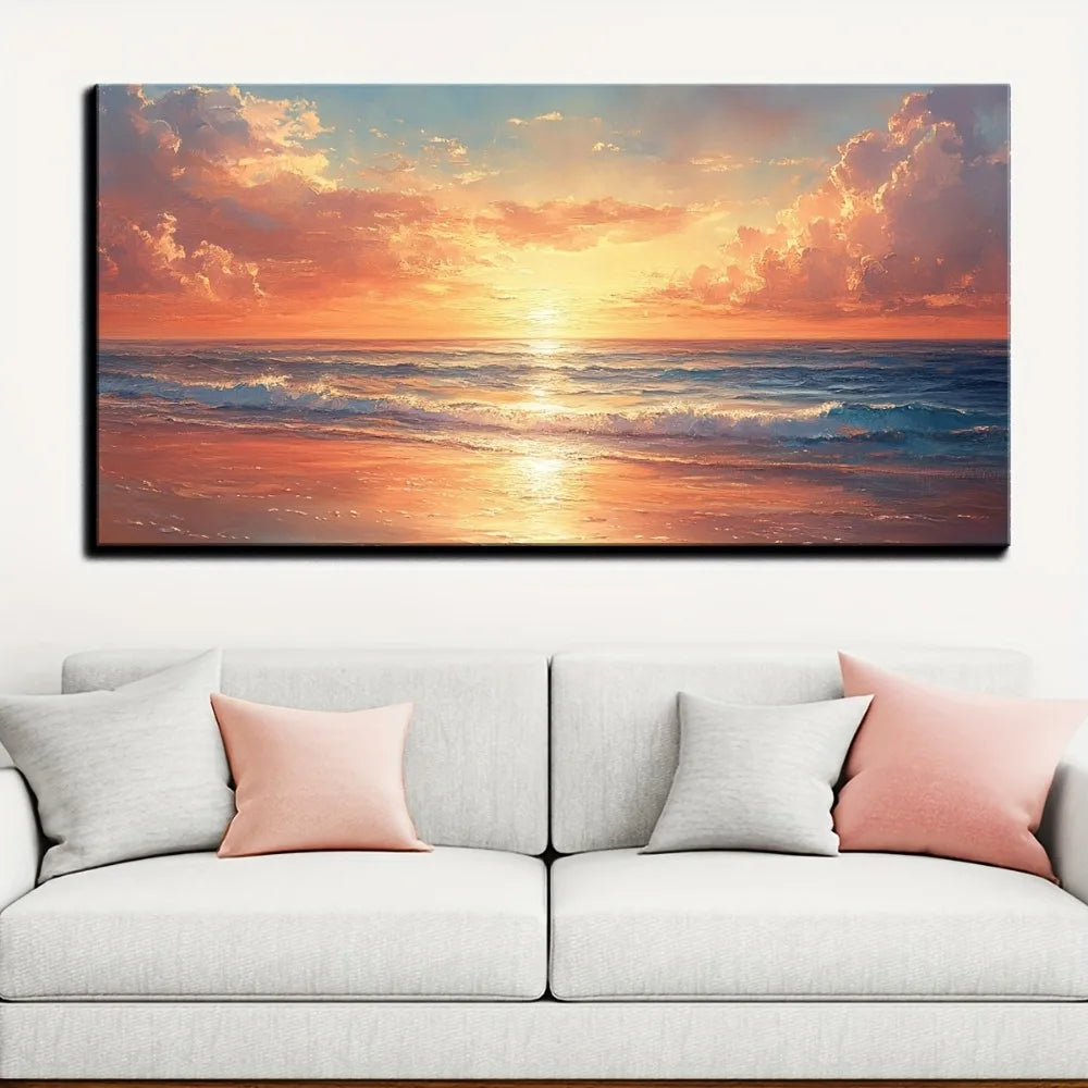 Seaside Sunrise Scenery Modern Abstract Oil Painting Canvas Wall Decoration with Pine Solid Wood Frame
