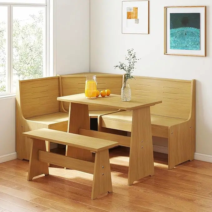Breakfast Nook Corner Dining Table Kitchen Bench Chair Set Space Saving L Shape for 3 to 5 People in Black Oak