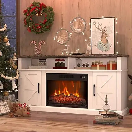 Fireplace TV Stand for TVs Up to 65" with 23" Electric Fireplace, Entertainment Center with Storage Cabinet and Open Shelves, Me