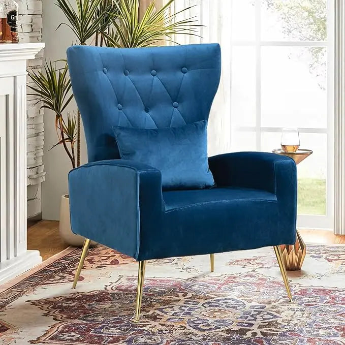 Velvet Accent Arm Chair Mid Century Modern Living Room Chair Wingback Bedroom Side Chair with Gold Legs and Pillow Button Tufted Design