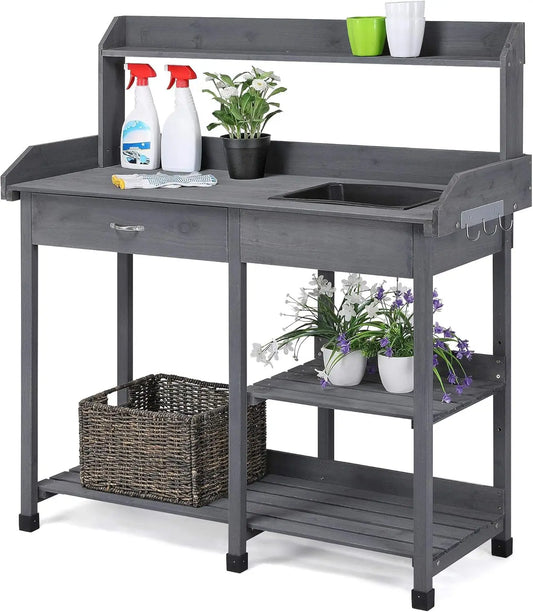 Outdoor Potting Bench Table Potters Benches Garden Workstation for Horticulture with Drawer/Adjustable Shelf Rack/Removable