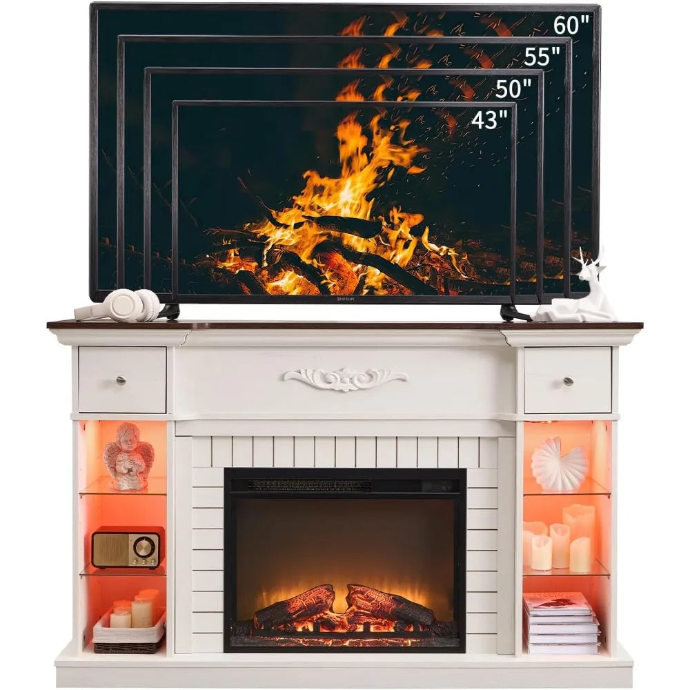 54 Inch Farmhouse Electric Fireplace TV Stand for 60 Inch Television 33 Inch Tall LED Entertainment Center with 7 Color Open Adjustable Shelves