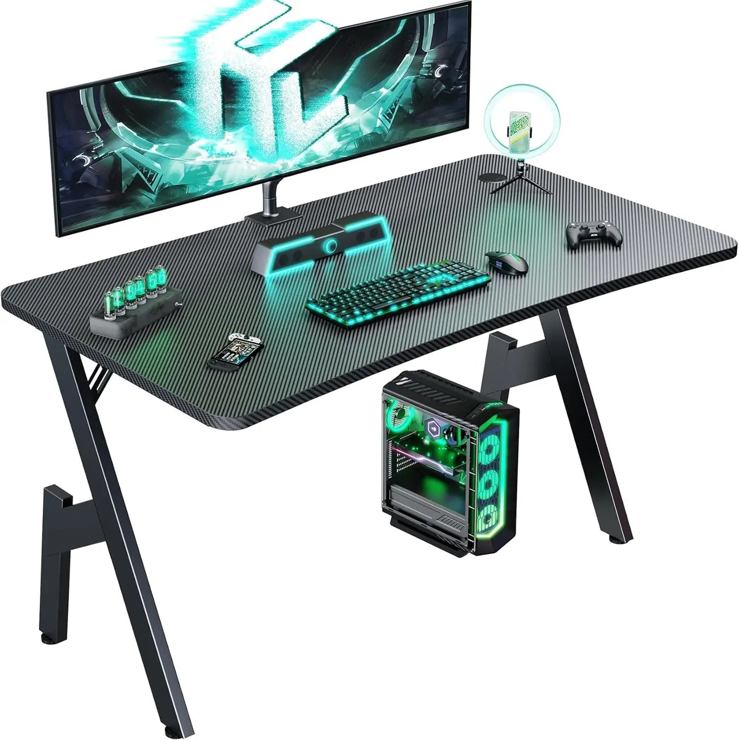 Gaming Desk with Carbon Fibre Surface Large Computer Desk Gaming Table Ergonomic PcWorkstation Home Office Desks with CupHolder