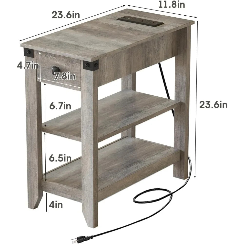 Set of 2 End Tables with Charging Station Narrow Side Table Small Bedside Table for Small Space Skinny Nightstand