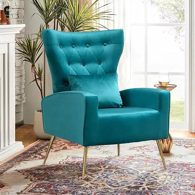 Velvet Accent Arm Chair Mid Century Modern Living Room Chair Wingback Bedroom Side Chair with Gold Legs and Pillow Button Tufted Design
