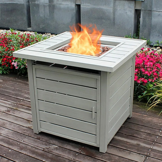 28 Inch Propane Fire Pit Table, Outdoor Gas Fire Pits with Lid & Lava Rock, 50000 BTU Firepit for Dinning, Party in Outside, Pat
