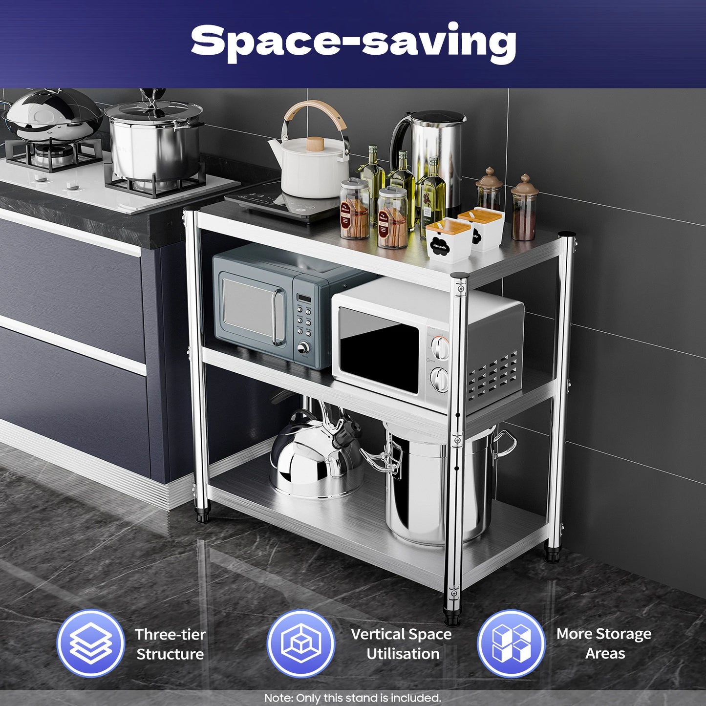 3-Tier /4-Tier 201 Stainless Steel Shelf Height Adjustable Storage Rack for Various Kitchen Utensils/Supplies/ Food
