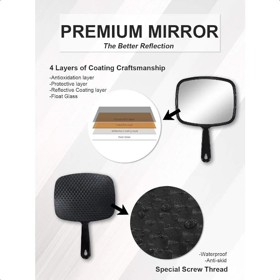 Hand Mirror Barber Hairdressing Handheld Mirror with Handle for Salon Square Black Medium