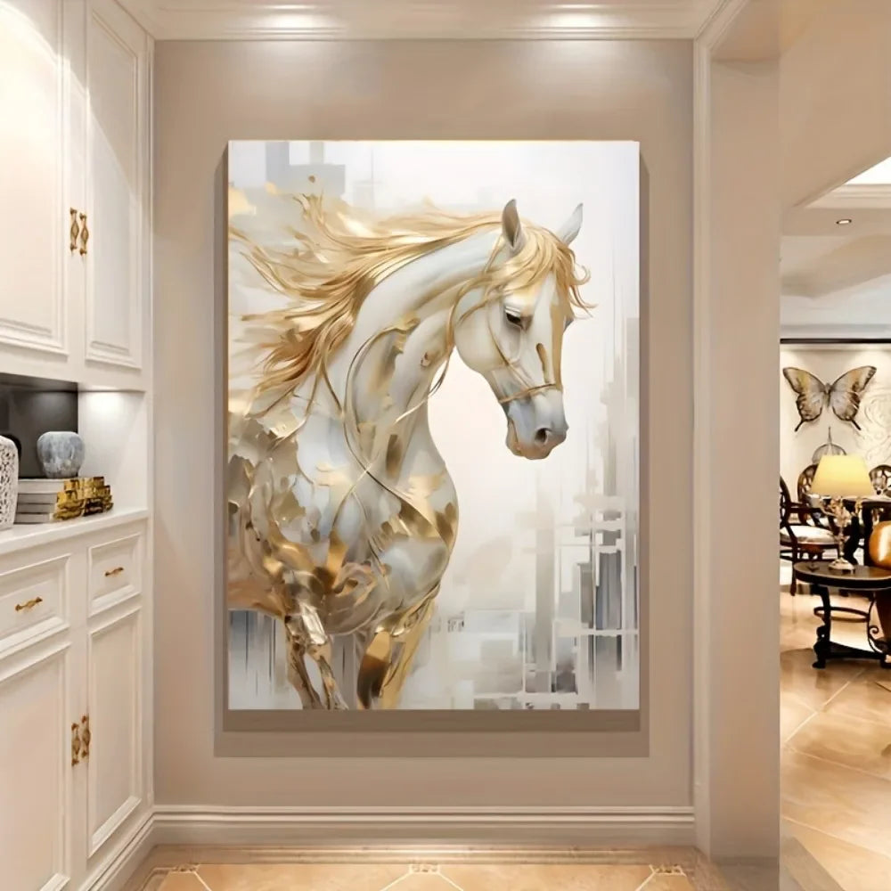 Frameless Modern Retro Golden Horse Wall Art Painting 31.49 x 47.24 Inches