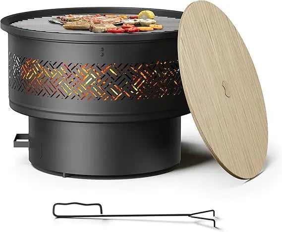 26 inch Fire Pit with Grill & Lid, Firepits for Outside Wood Burning Fire Pit Table with Fire Poker, Multifunctional Outdoor Fir