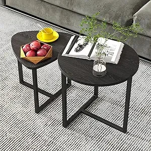 Round Coffee Table Set of 2 End Tables for Living Room Black Small Coffee Table Metal Frame and Wood Look Sturdy