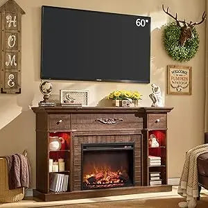 54 Inch Farmhouse Electric Fireplace TV Stand for 60 Inch Television 33 Inch Tall LED Entertainment Center with 7 Color Open Adjustable Shelves