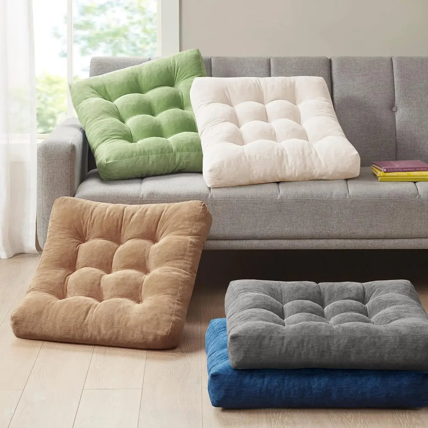 Floor Pillow Set of 2 Square Large Pillows Seating for Adults Tufted Corduroy Cushions for Balcony Outdoor Tatami Living Room
